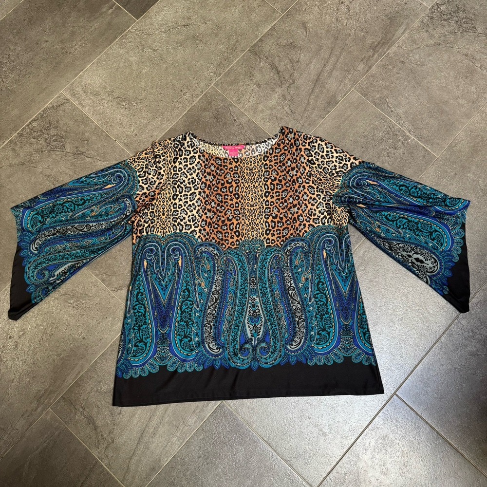 Sunny Leigh 1X Tunic Top Asymmetric Bell Sleeve Cheetah Paisley EUC